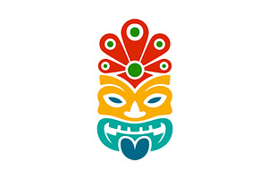 Ornamental tiki mask with peacock, an Illustration by GraphiShop