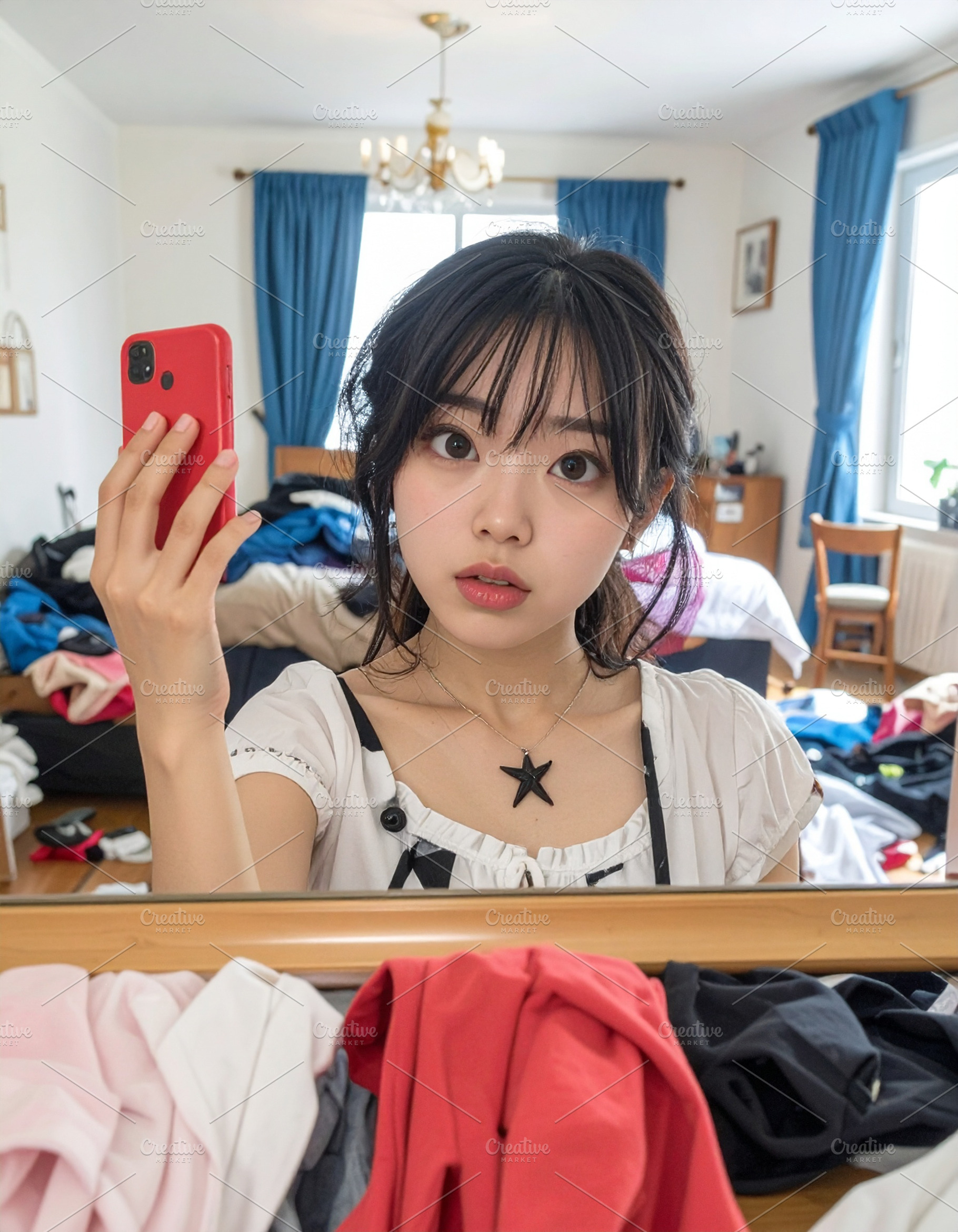 Young woman holding a phone takes a mirror selfie in a cluttered, a Person Photo by DanFLCreativo