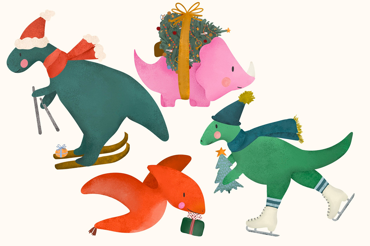 Christmas Dinosaur Illustrations, an Illustration by KJP Designs (Photo 2 of 7)