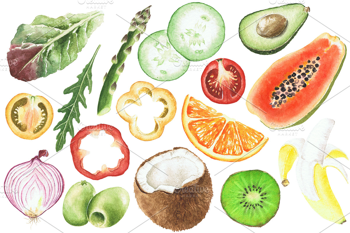Watercolor clipart Vegan Mix summer, a Food Illustration by Vivitta (Photo 2 of 6)