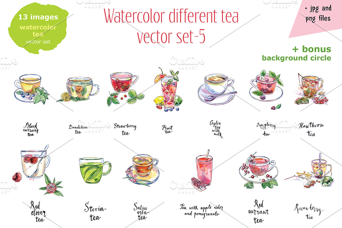 Watercolor tea-5 vector set, an Illustration by miminoshka (Photo 3 of 10)