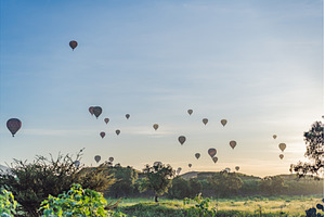 Colorful hot air balloons floating, an Architecture Photo by Elizaveta Galitskaya