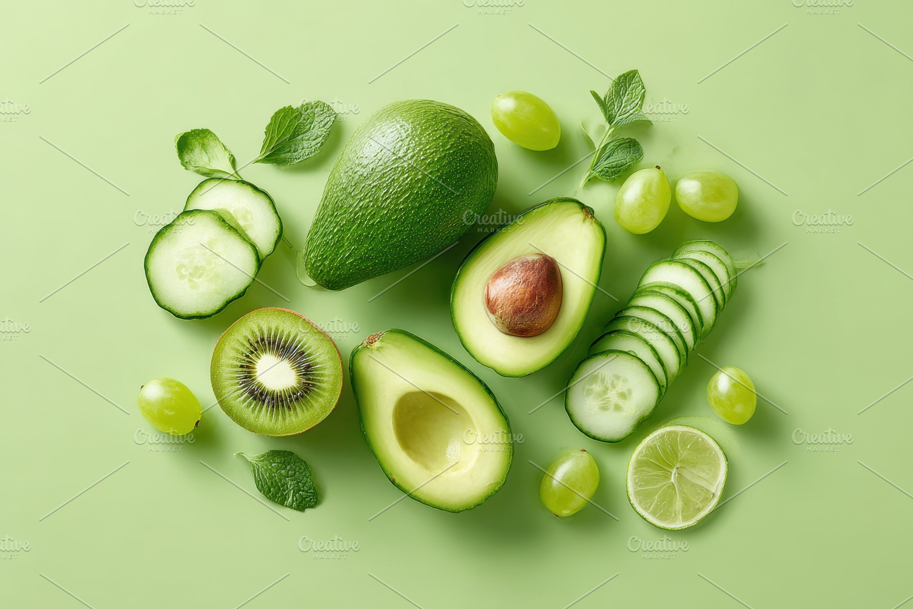 Green Fruits and Vegetables on Green Background, a Food & Drink Photo by AlyaAnd