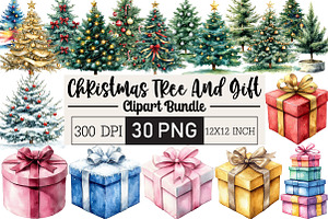 Christmas Tree And Gift Watercolor, an Illustration by Black Bird Studio