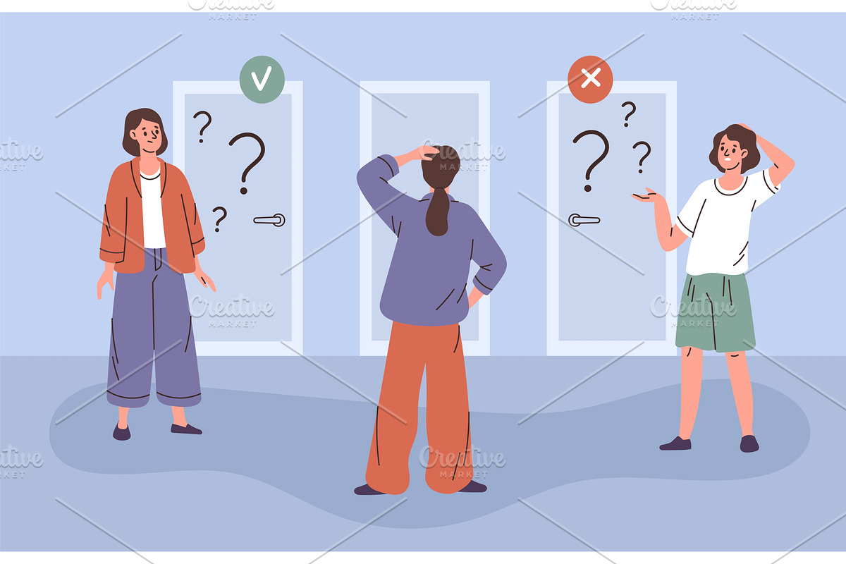 Choosing right door. Women solve, a Person Illustration by YummyBuum