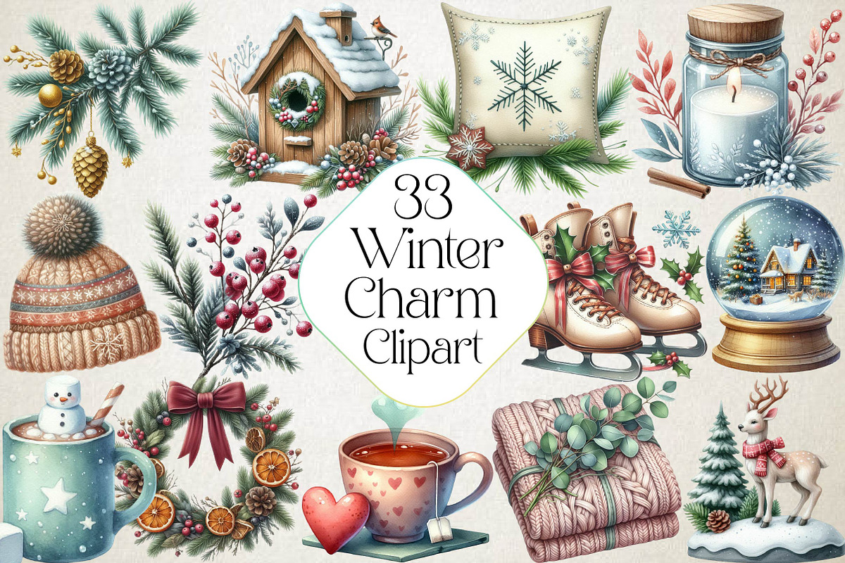 Winter Charm Watercolor Clipart, an Illustration by DreamPrint404 (Photo 1 of 5)
