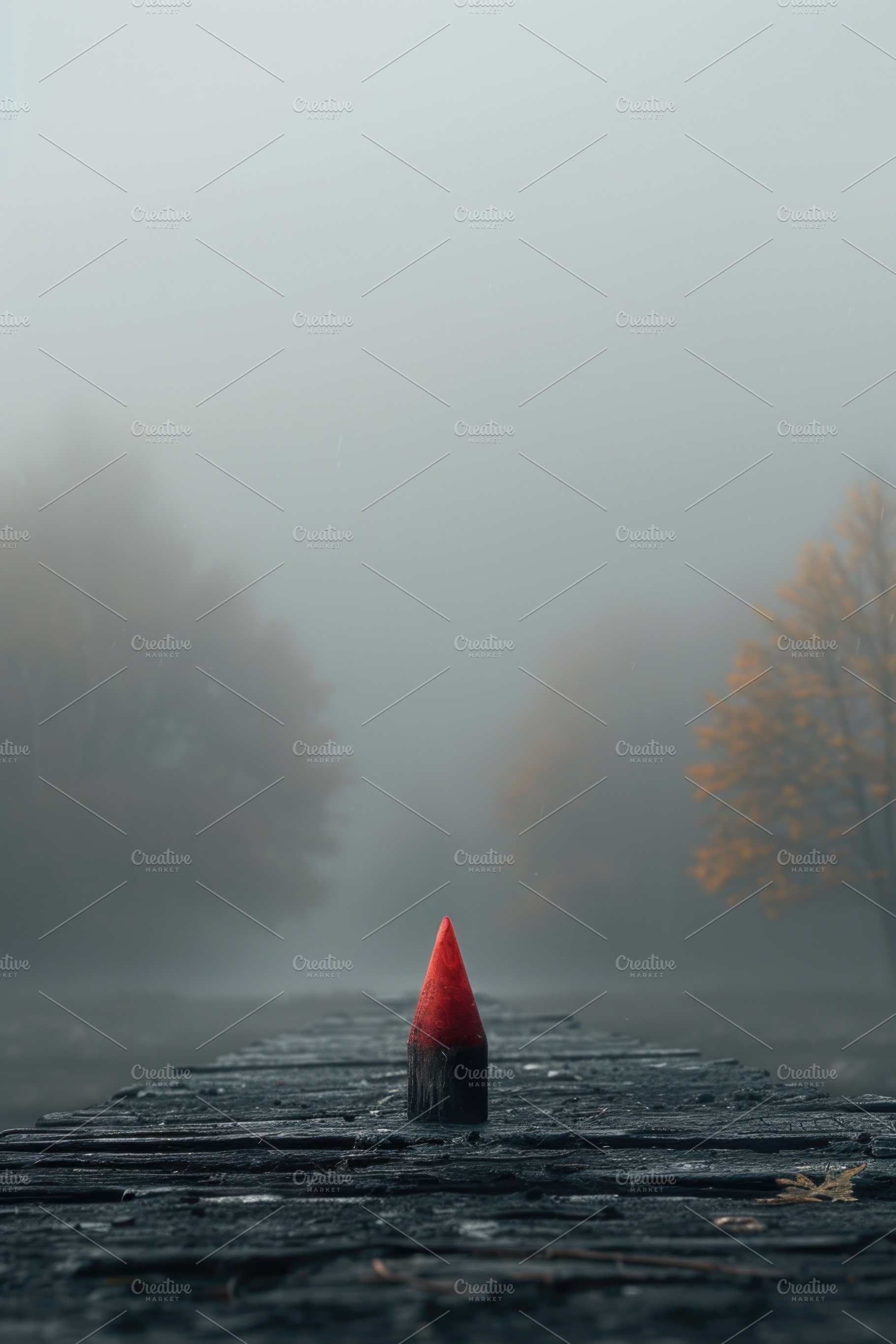 Single red marker on wooden path in fog, concept of focus, prior, an Abstract Photo by José Manuel Gelpi