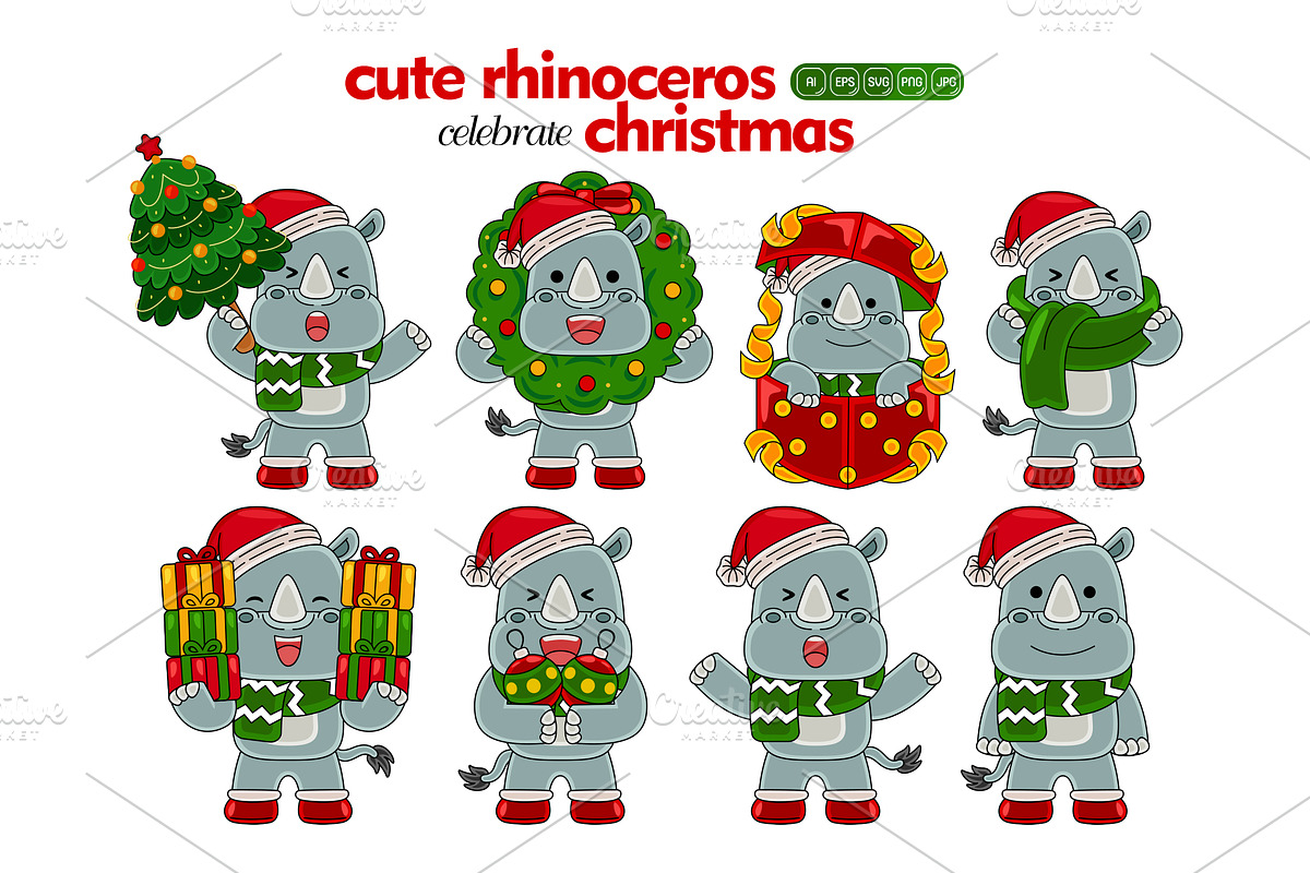 cute rhinoceros celebrate christmas, an Animal Illustration by MEDZ (Photo 2 of 2)