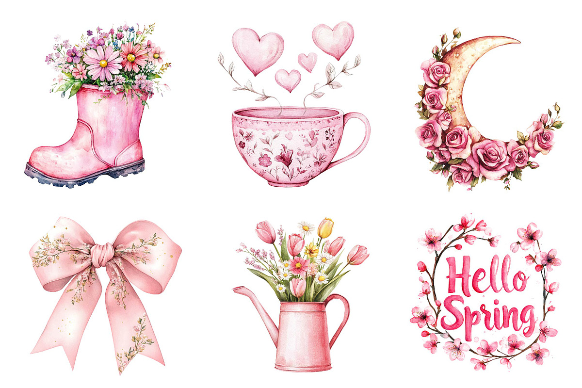 Watercolor Pink Spring Clipart, an Illustration by CreationArt (Photo 2 of 5)