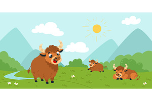 Yaks on green valley. Cartoon cattle, an Animal Illustration by LadadikArt