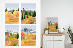 Watercolor Fall Mountain Clipart