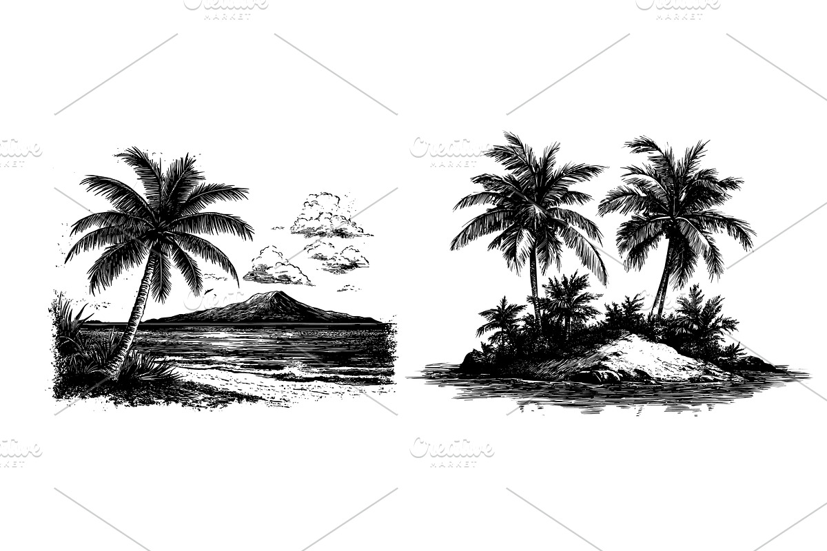 Uninhabited island palm trees, an Illustration by Onyx