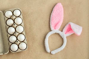 Top view of bunny ears easter featuring rabbit, egg, and ear