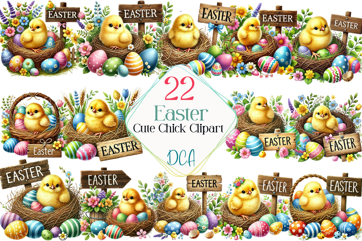 Watercolor Cute Easter Chick Clipart, an Illustration by DreamCafeArt (Photo 1 of 4)