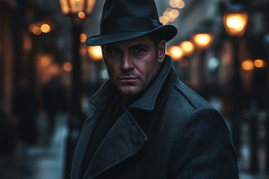 A serious Caucasian man in a stylish hat and coat stands in a dimly lit city st, a Person Photo by ImageMir