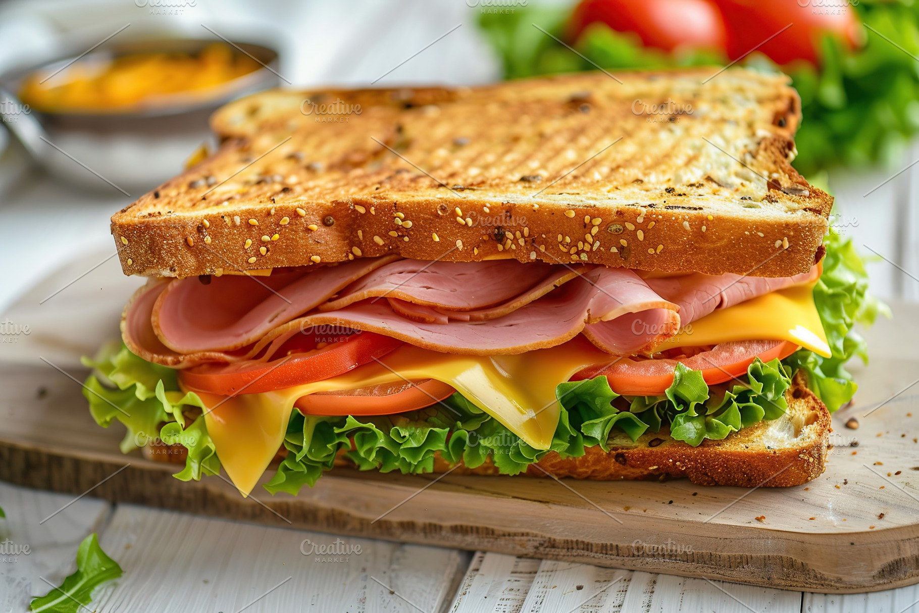 Toast sandwich with cheese, turkey ham, tomato and fresh lettuce on wooden back, a Food & Drink Photo by AlyaAnd