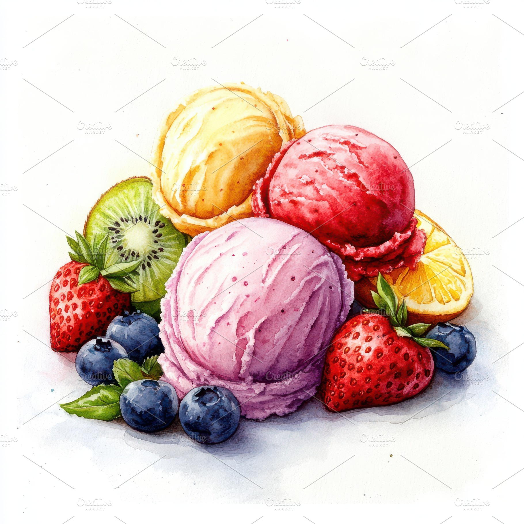 Fresh fruit with scoops of colorful, a Food & Drink Photo by Pixeness Studio