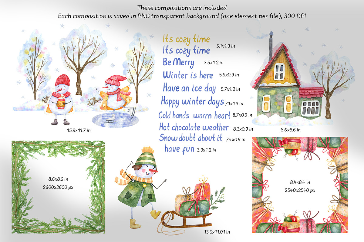 Snowmen Village Watercolor Clipart, an Illustration by Anna Druzhkova (Photo 6 of 20)