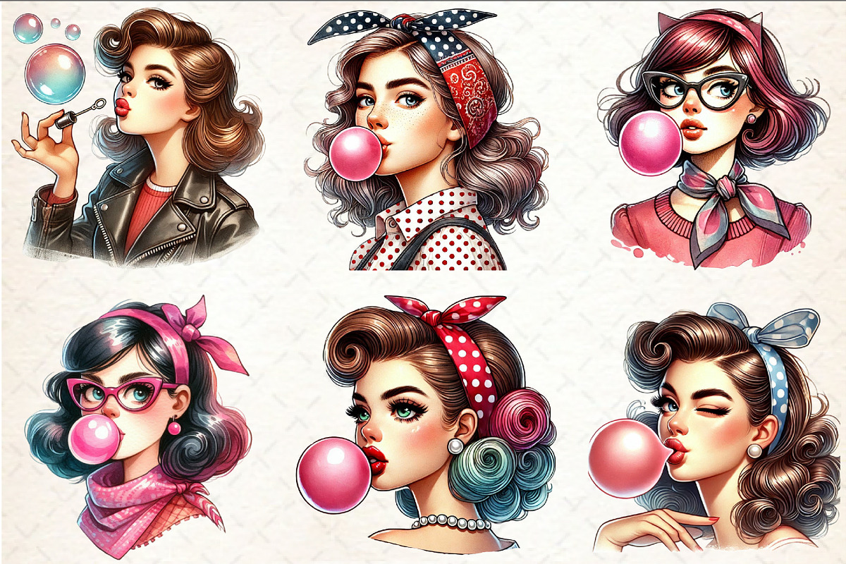 Retro Girl Blowing a Bubblegum Clipa, a Seasonal Illustration by Rose Art (Photo 2 of 4)