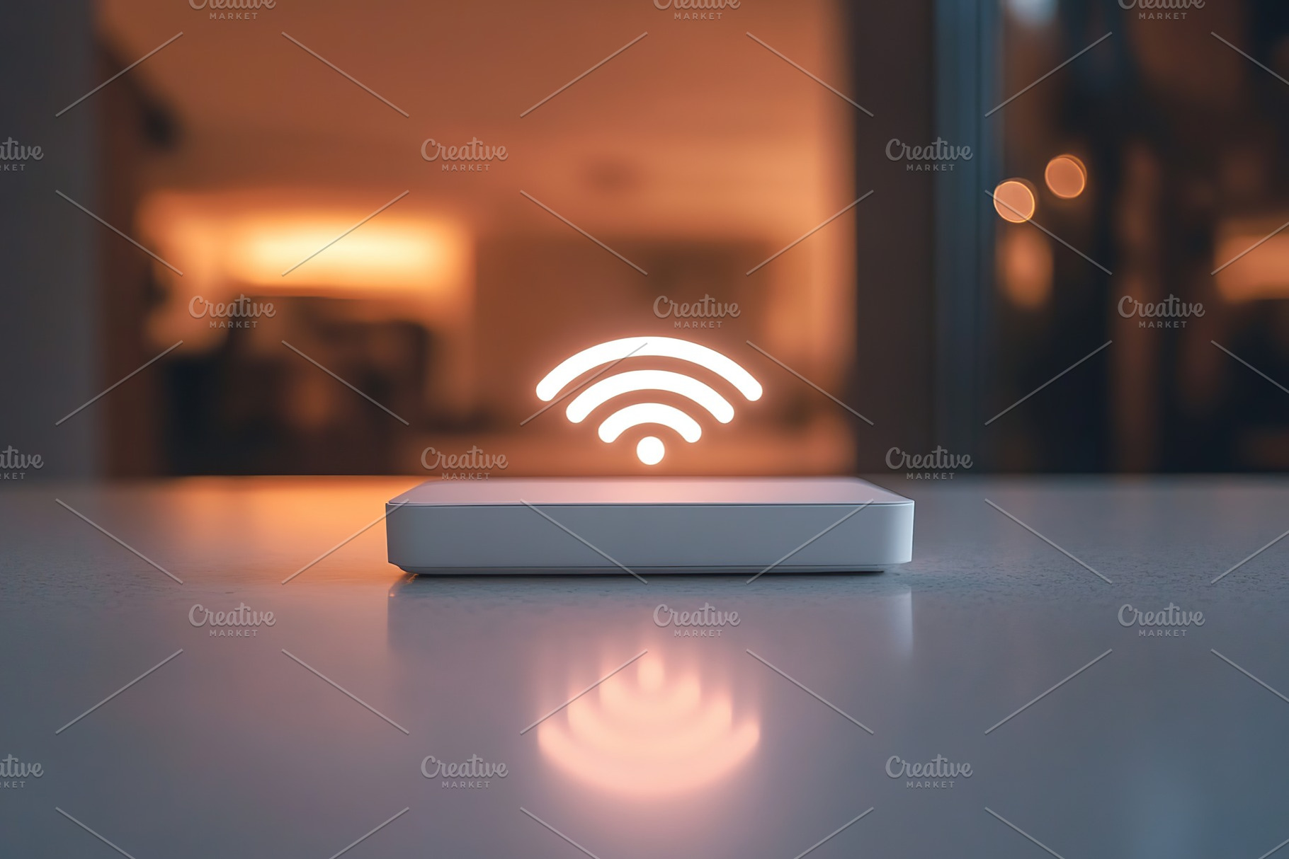 WiFi signal bars glowing above a router in a modern indoor setting during the e, a Technology Photo by AlyaAnd