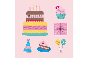 six happy birthday icons, an Illustration by studiogstock