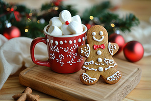 Christmas gingerbread man cookie and red cup with white marshmal, a Food & Drink Photo by AlyaAnd