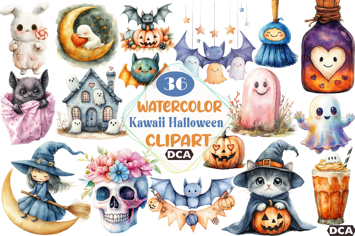 Watercolor Kawaii Halloween Clipart, an Illustration by DreamCafeArt (Photo 1 of 7)
