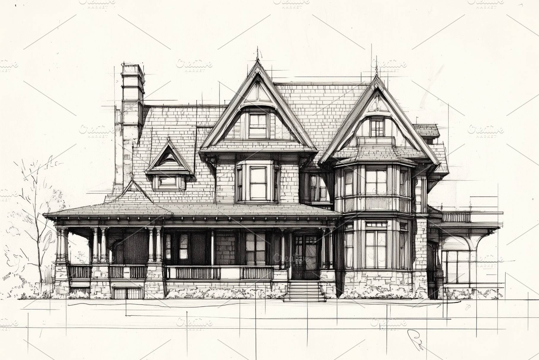 A detailed architectural sketch of a Victorian Shingle style house featuring in, an Architecture Photo by Textures & Backgrounds