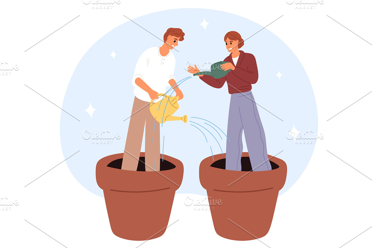 Woman and man in flower pot watering, a Person Illustration by Vectorbuum