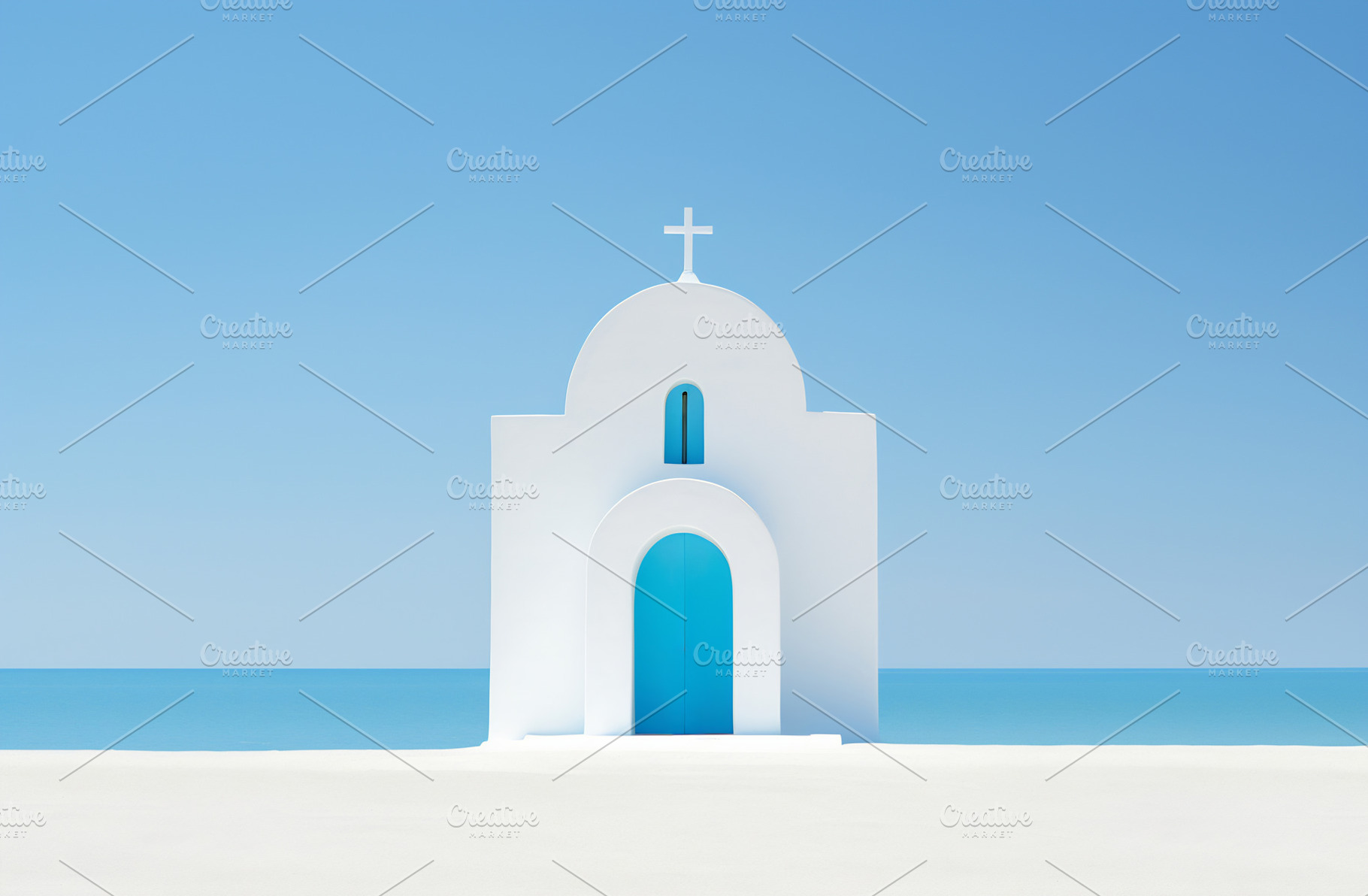 White church by the calm sea water, a Photo by Beautiful things