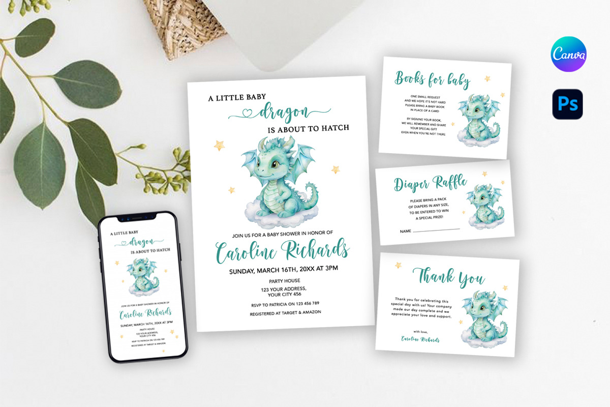 Little Dragon Baby Shower Bundle, an Invitation Template by SvetaArtStore (Photo 1 of 7)