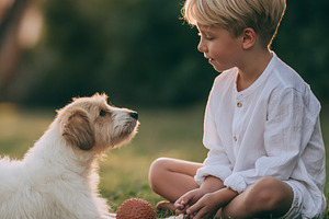 Young boy and puppy bonding outdoors, sitting on green grass dur, a Person Photo by Studio ANNA