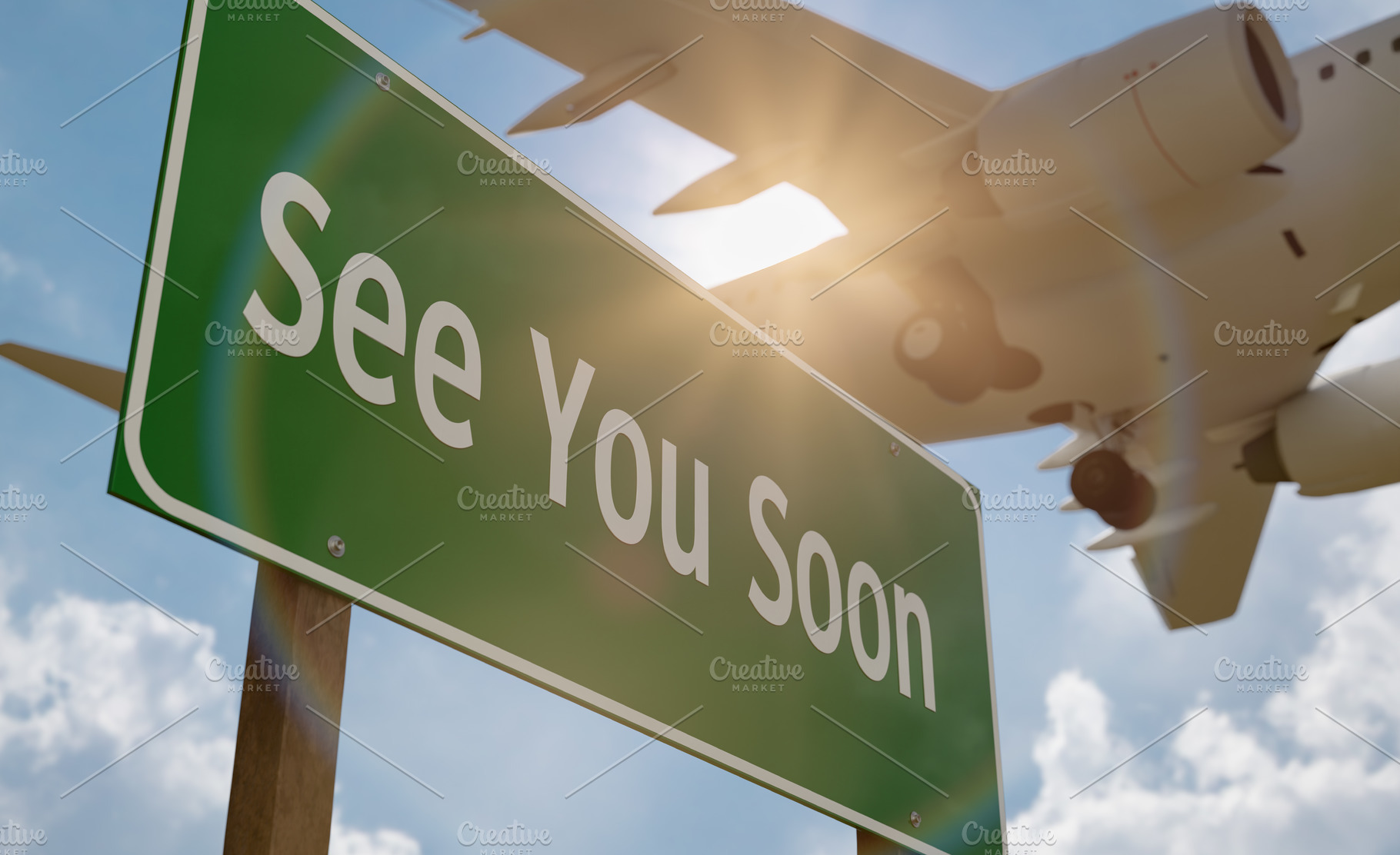 See You Soon Green Sign and Plane, a Transportation Photo by Andy Dean Photography