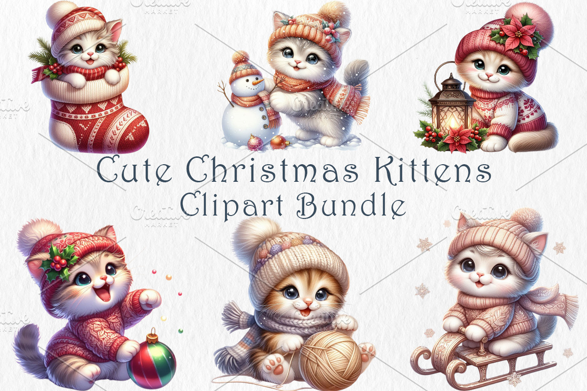 Christmas Kittens Clipart Bundle., an Animal Illustration by GalaDesign03 (Photo 1 of 6)