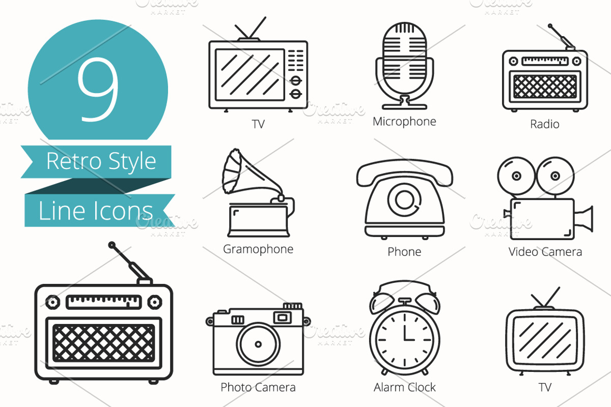 9 Retro Style Line Icons, an Outline Icon by PixMarket