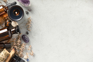 Aromatherapy Bottles with Dried Herbs and Healing Crystals, a Nature Photo by Natalia Klenova's Shop