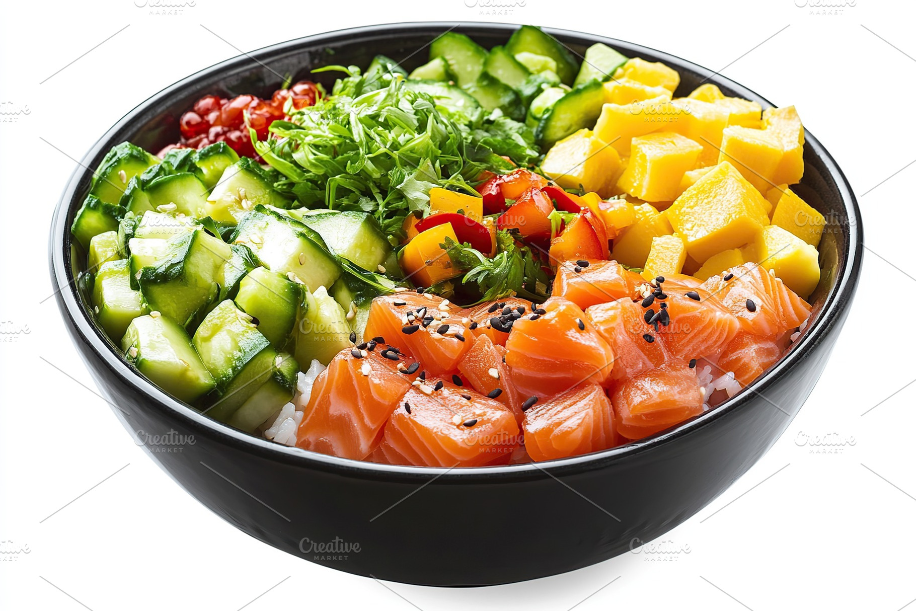 Healthy poke bowl with rice, vegetables, fresh meat or fish, a Food & Drink Photo by AlyaAnd