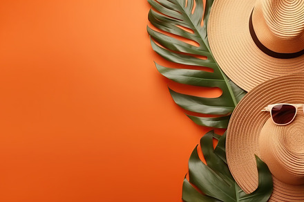 Summer hats with sunglasses and monstera leaves. Summer time concept. Generativ, a Beauty & Fashion Photo by AlyaAnd