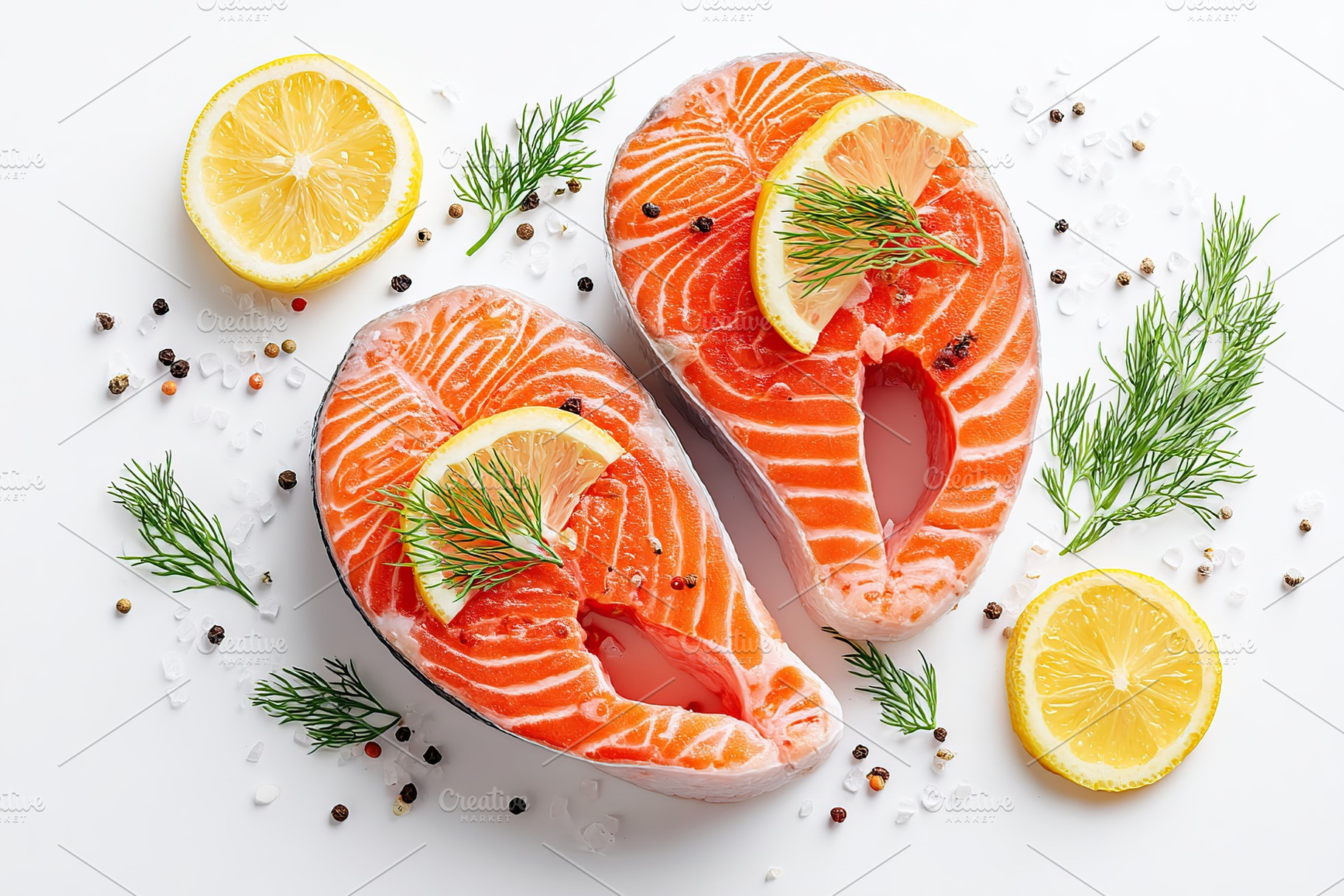 Raw salmon steaks garnished with lemon slices and herbs ready for cooking or gr, a Food & Drink Photo by AlyaAnd