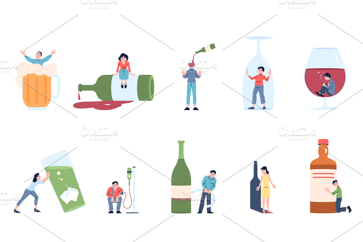 Alcohol addiction. Alcoholic, a Food Illustration by LadadikArt