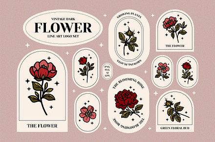 Vintage Dark Flower Lineart Logo Set