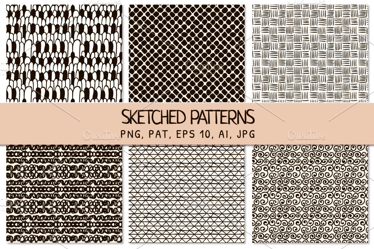 6 Black Sketched Seamless Patterns, a Pattern Graphic by Olya Creative (Photo 1 of 4)