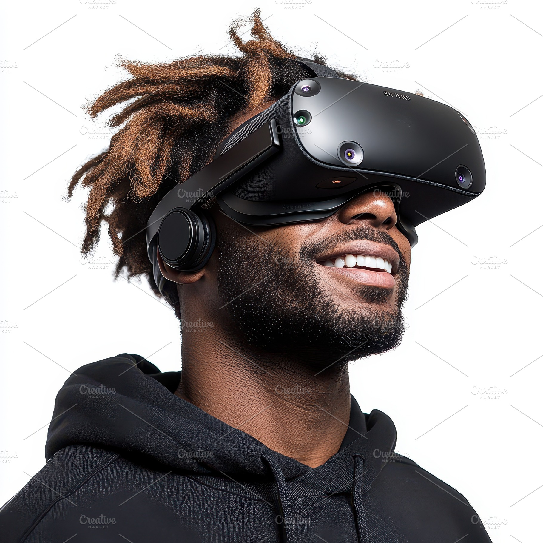 Man with dreadlocks smiling in VR he, an Abstract Photo by Pixeness Studio