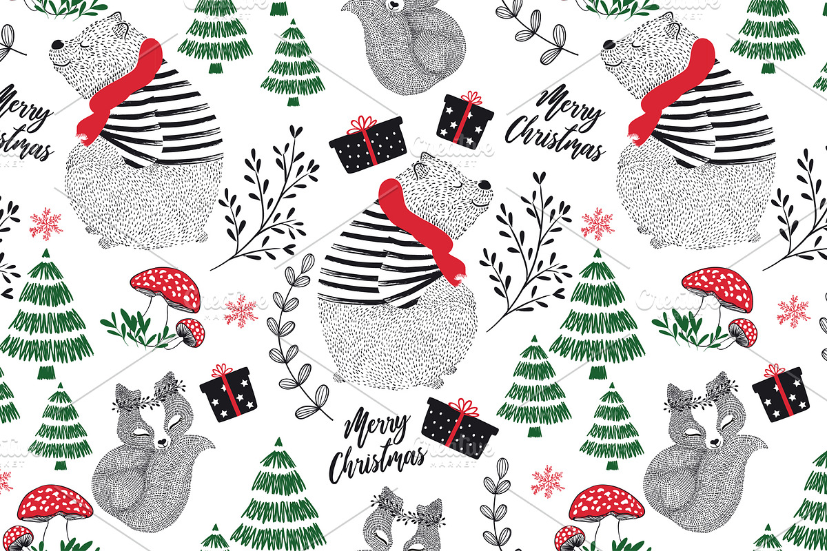 New Year Teddy. Chrismas pattern., an Animal Illustration by StudioLondon (Photo 2 of 3)