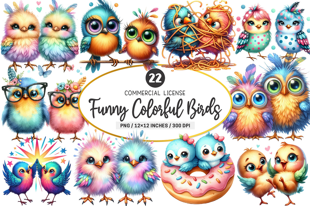 Funny Colorful Birds Watercolor PNG, an Illustration by SinaCreation (Photo 1 of 5)