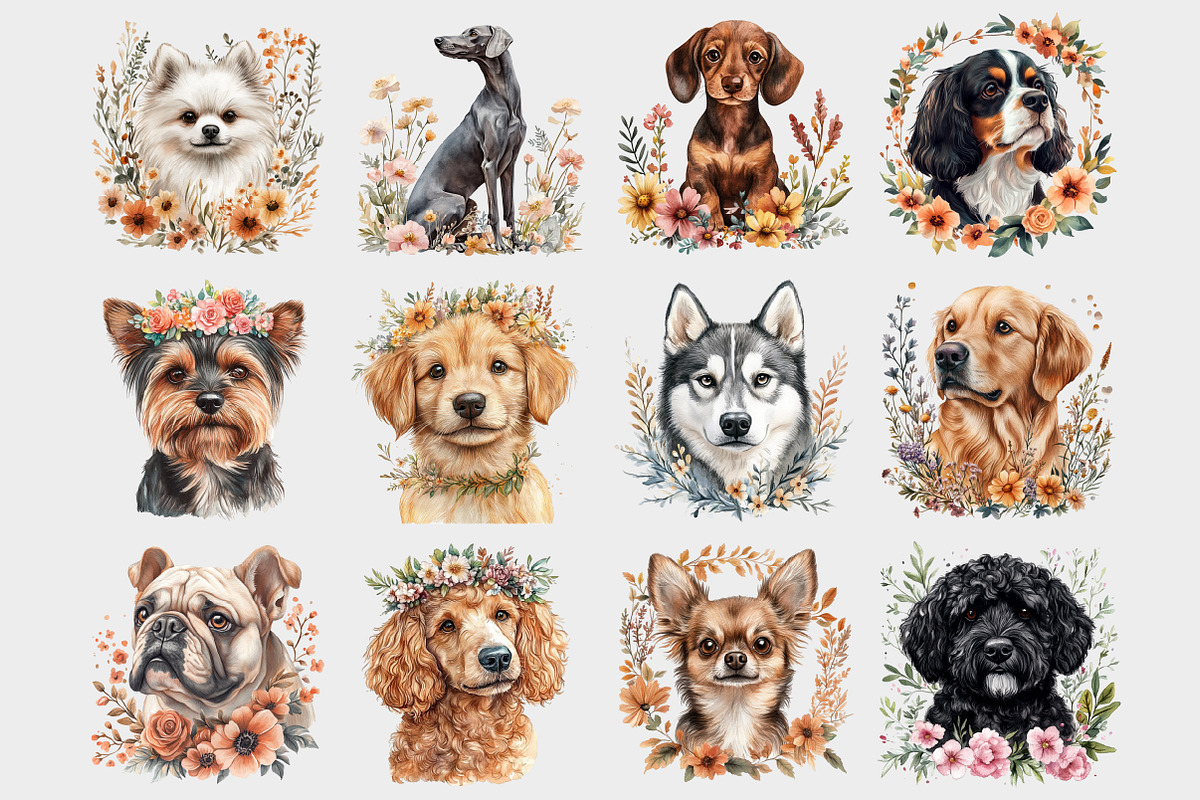 Watercolor Floral Dog Clipart, a Seasonal Illustration by Design Market (Photo 2 of 5)