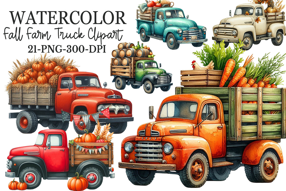 Watercolor Fall Farm Truck Clipart, an Illustration by Rose Art (Photo 1 of 4)