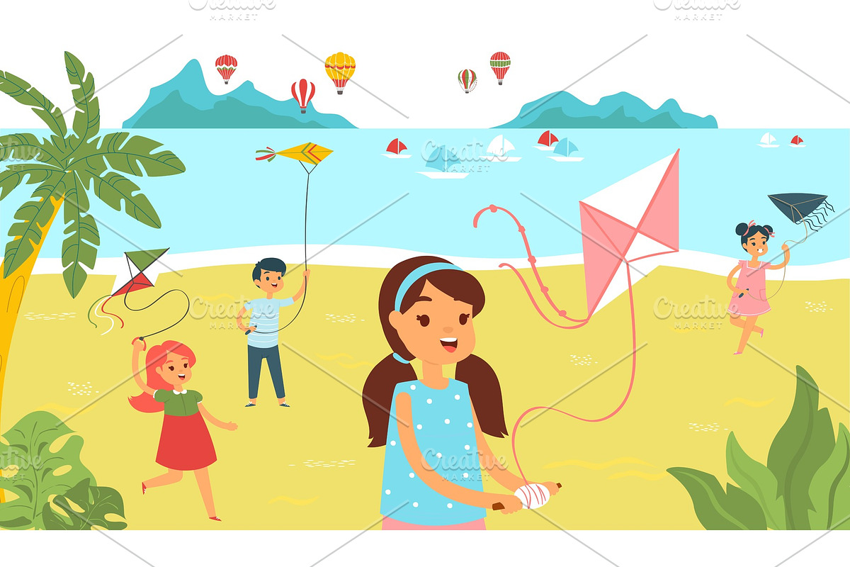 Group children running beach with, an Illustration by RocketArt