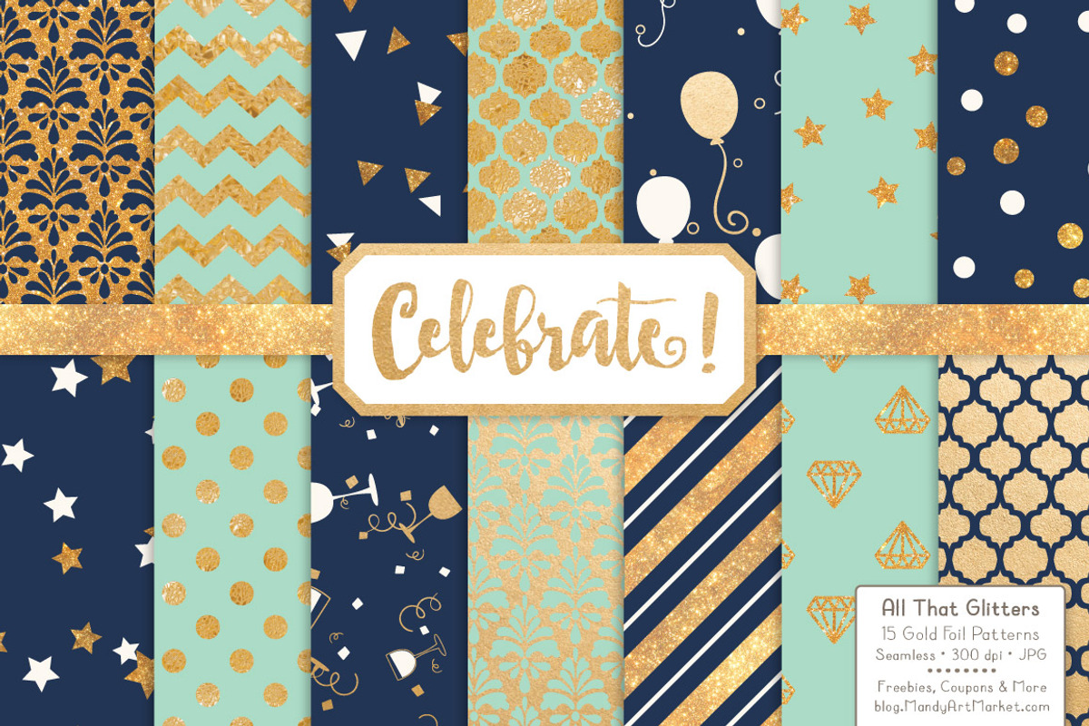 Navy & Mint Gold Foil Digital Papers, a Pattern Graphic by Amanda Ilkov (Photo 1 of 4)