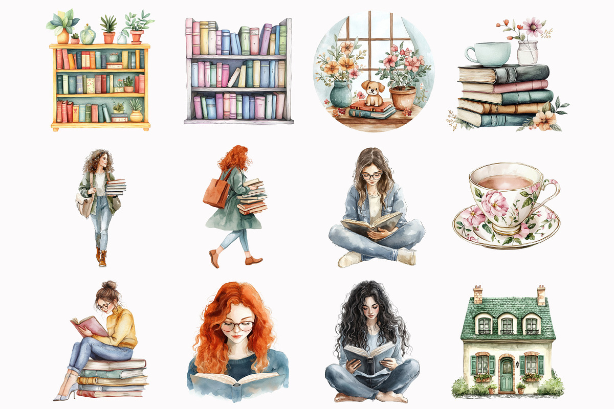 Watercolor Pink Green Bookworm clipa, an Illustration by Design Market (Photo 2 of 3)